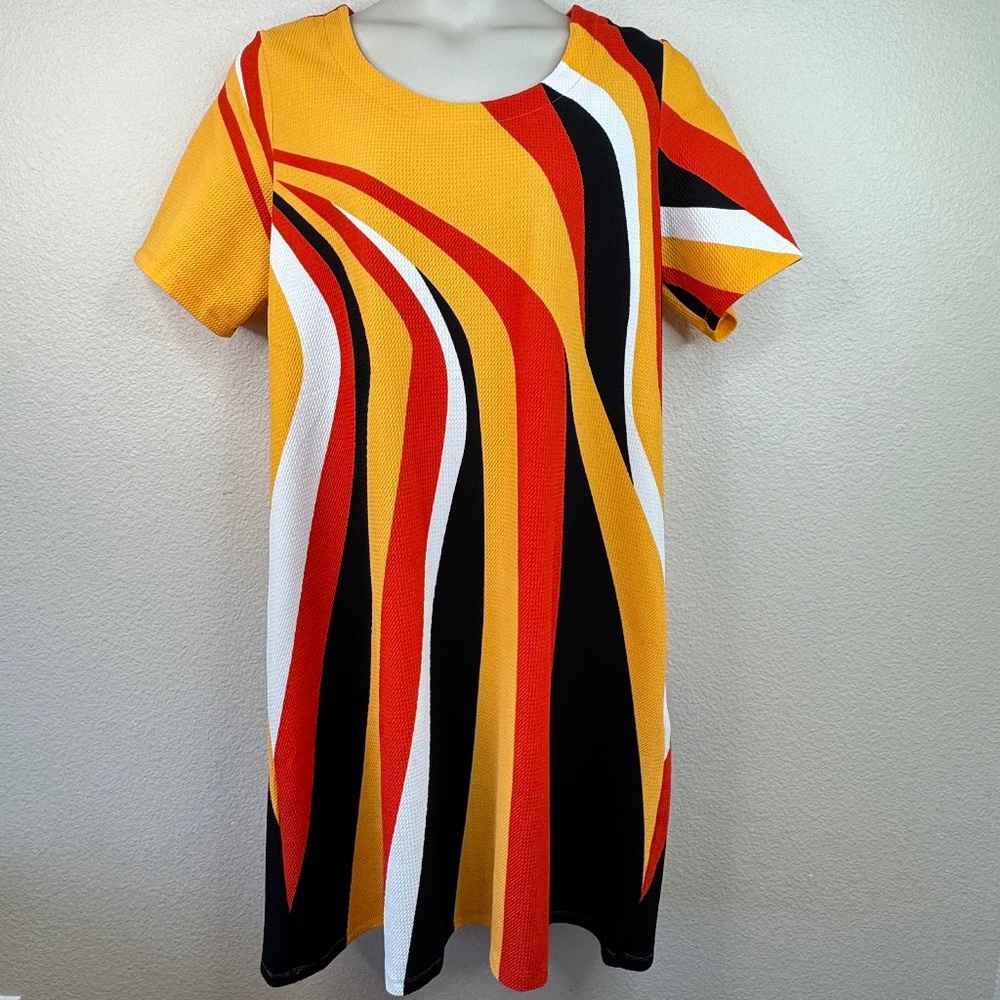 Avenue Womens Orange Yellow Black Waffle Retro Mod Shift SS Dress Plus Sz. 18 20